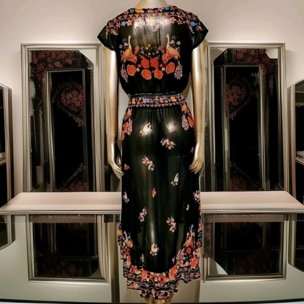 NWOT Floral Shirred Waist Tie Front Ruffle Hem Boho Sheer Dress Sz M - Picture 9 of 16